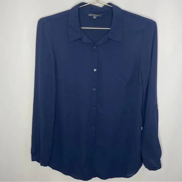 Adrianna Papell Navy Blue Roll Tab Button Down Blouse - Picture 1 of 6